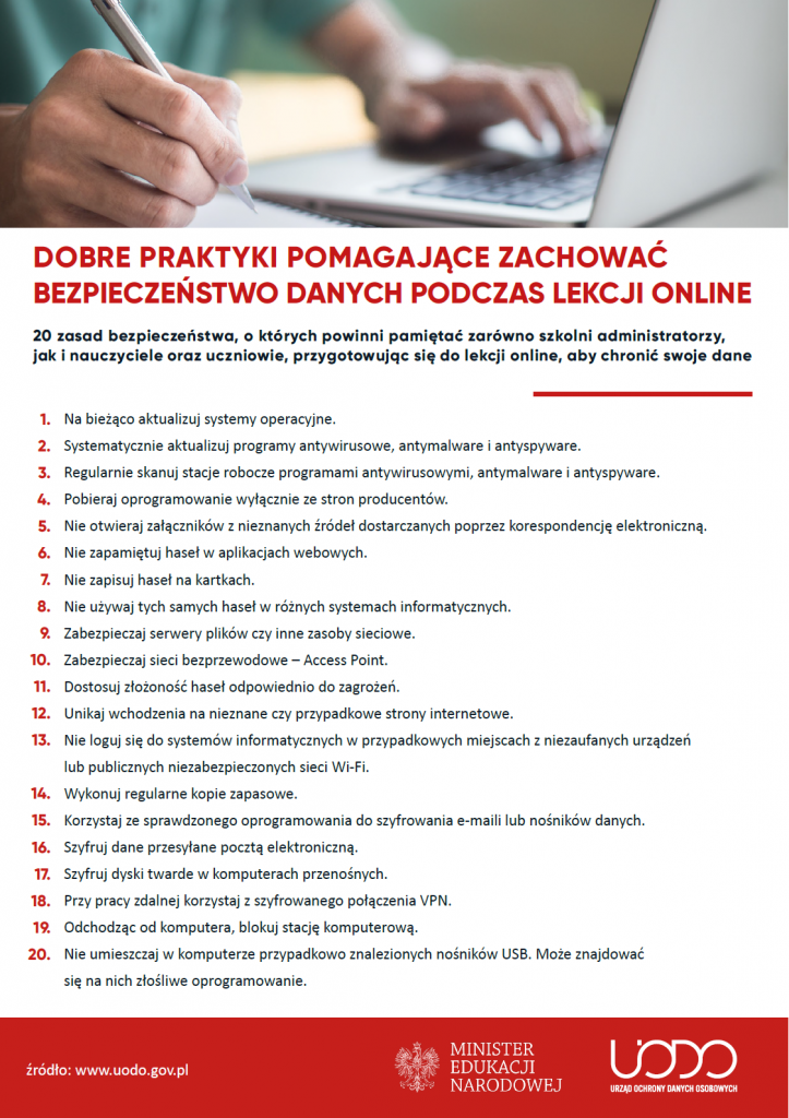 Obrazek przedstawia listę dobrych praktyk korzystania z komputera w czasie nauki zdalnej